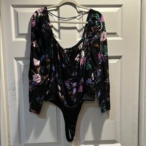 AFRM Noir Bouquet Black Purple Floral Square Neck Bodysuit L